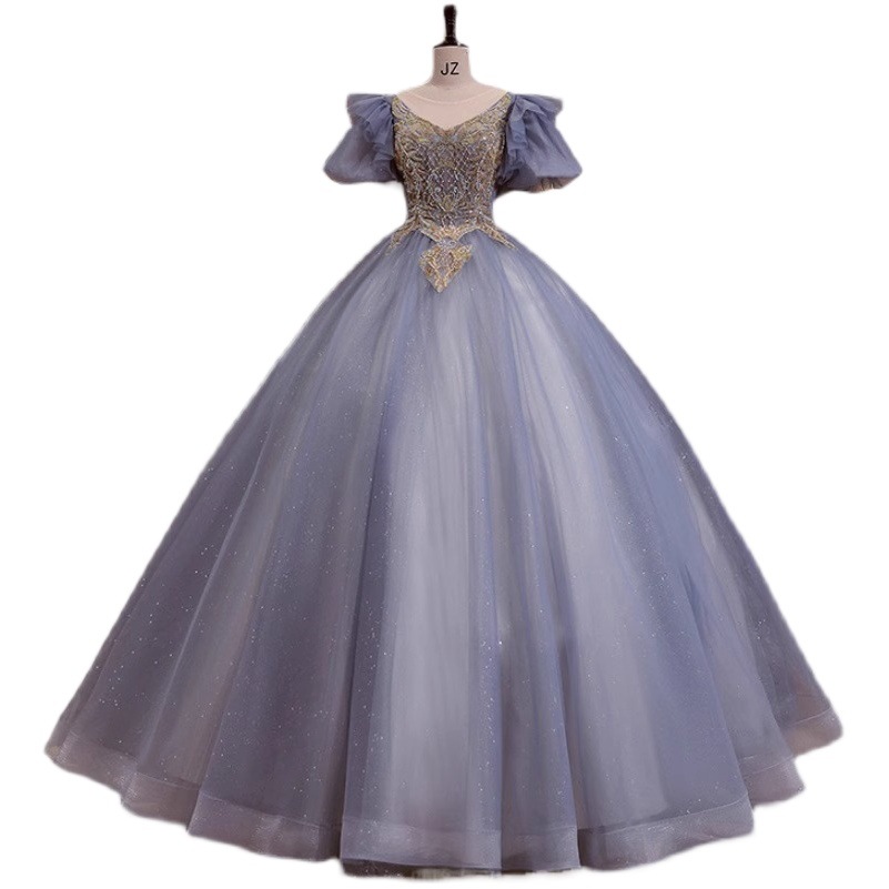 Nuevo azul vestido de noche puff manga estudiante música vocal arte examen rendimiento traje vocal solo pettiskirt Reunión Anual etapa