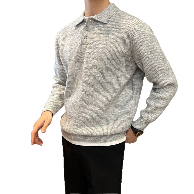 Casual ligero japonés estilo de lujo con solapa polo de hombre simple color sólido delgado molido universal color sólido suéter de punto