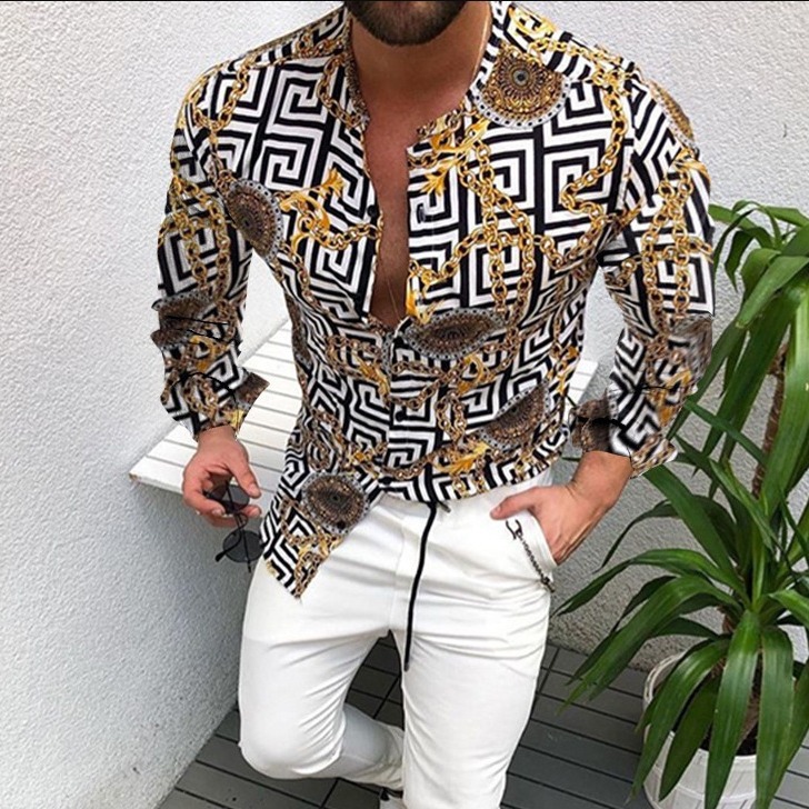 Ropa de los hombres europeos y americanos del comercio exterior 2023 primavera nuevos hombres 3D impreso casual solapa manga larga más tamaño camisa de los hombres