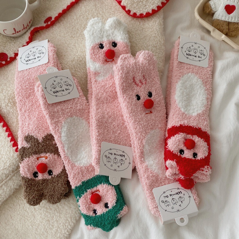 Little Beaver Coral Velvet Socks Women's Winter Warm Thickened Mid-Tube Socks Pink Cartoon Cute Little Fur Ball Floor Socks