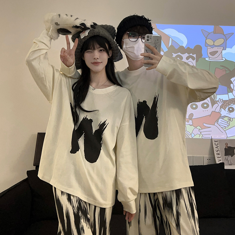 Ink Simple Style Letter Couple Pajamas Women's Spring and Autumn Round Neck Two-Piece Suit Long Sleeve Men's plus size Home Clothes