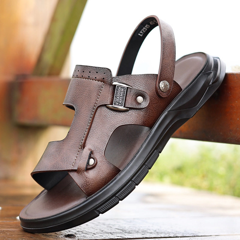 Dép sandal nam đế dày gót thấp 1–3 cm, mũi tròn hở ngón, thoáng khí, đi biển và đi chơi hằng ngày — Màu kaki, Màu nâu, màu xám
