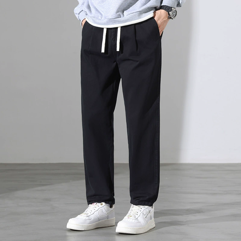 Зимние утепленные мужские повседневные брюки из чистого хлопка, Молодежные свободные брюки до щиколотки, мужские выстиранные хлопковые длинные брюки