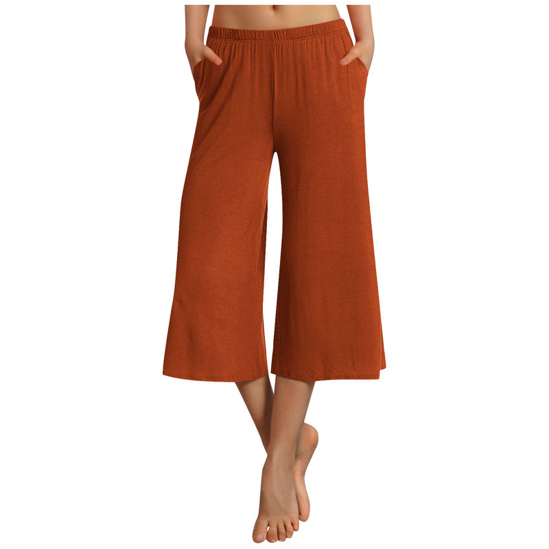 Amazon Cross-border New Women's Solid Color Wide Leg Pants Pocket Capri Casual Pants Plus Plus Lazy Pants