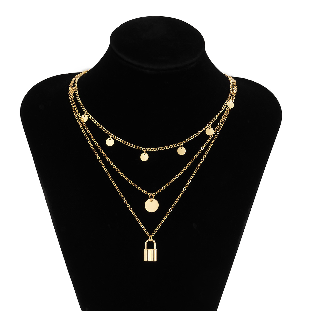 Nihaojewelry Fashion Sequins Padlock Pendant Multilayer Thin Chain Necklace Set Wholesale Jewelry display picture 3