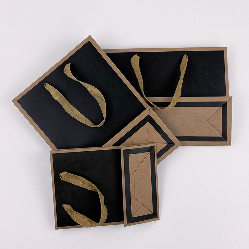 Spot border Kraft paper tote bag clothing shopping gift tote bag takeaway packaging storage black kraft bag