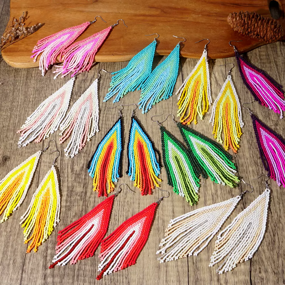 原创波西米亚民族风串珠长款耳饰品小米珠纯手工编织流苏女式耳环