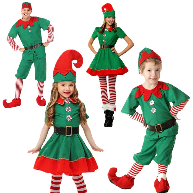 跨境圣诞节服装儿童可爱精灵服装cosplay亲子装成人绿色圣诞服