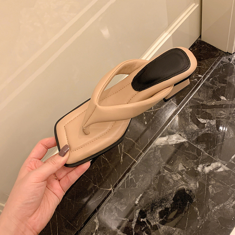 Dép sandal nữ xỏ ngón da cừu mũi vuông gót thấp — Màu đen chi tiết 18