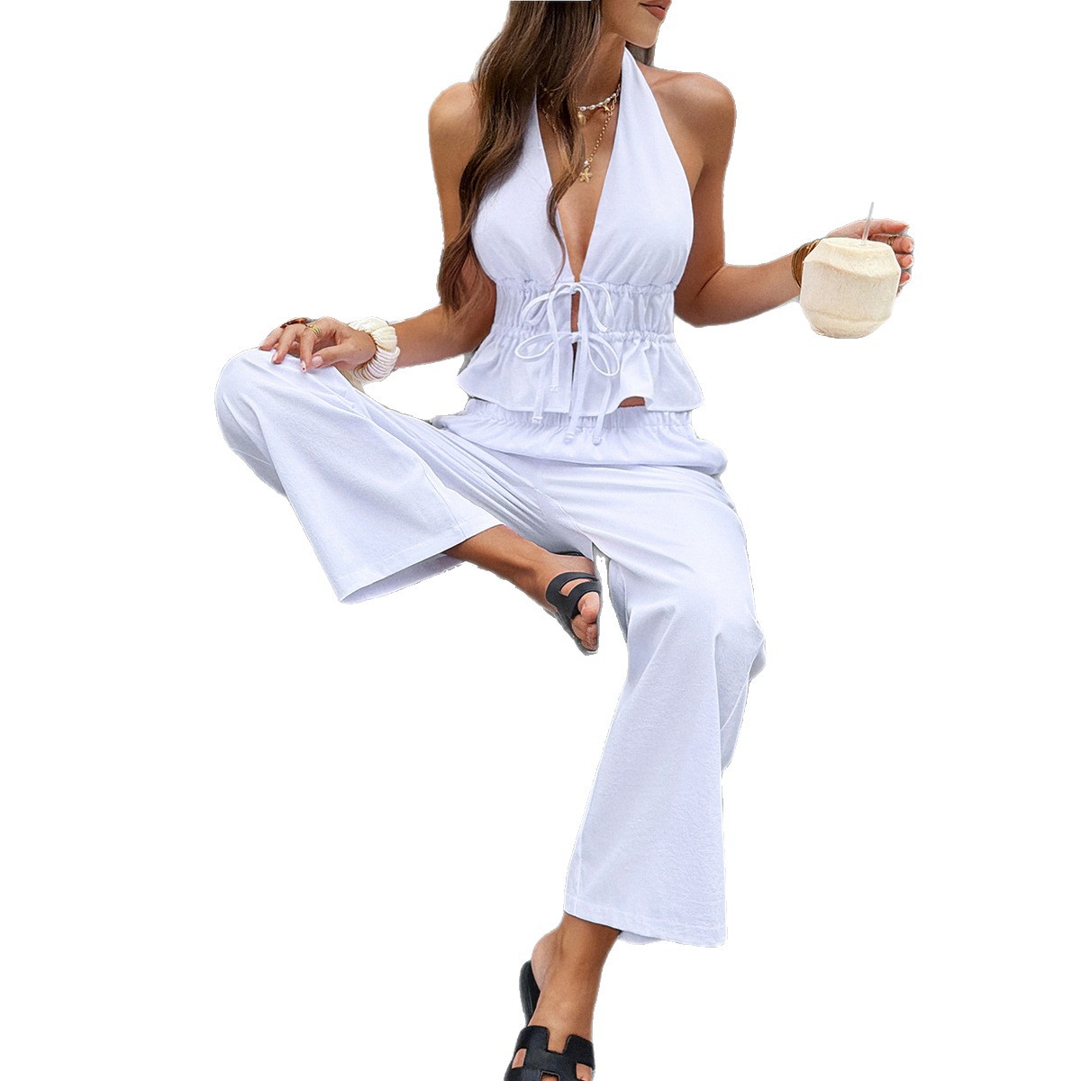Women's Casual Sexy Halter Neck Backless Wide Leg Lace Up Clothing Spring/Summer_ecoleips.com