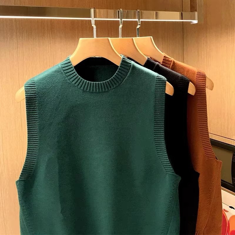 European and American Simple Artistic Style Waistcoat Knitwear Japanese Style Retro Solid Color Crewneck Sweater Sleeveless Vest for Men