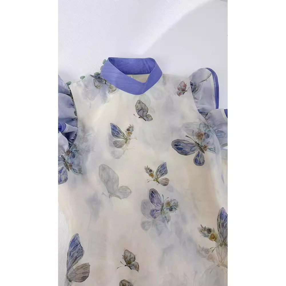 Đầm maxi nữ thắt eo tay bướm nhỏ họa tiết hoa mùa hè — Màu xanh lam