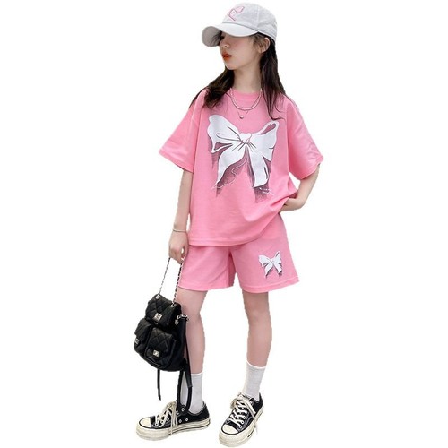 Girls Butterfly Knot Short Sleeve Shorts Set 2025 Summer Outfit for Middle and Large Children Summer Casual Sportswear