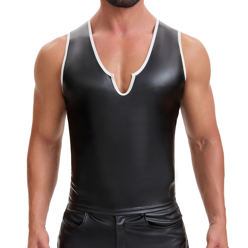 Cross-Border European and American Men's Matte Leather Sleeveless Vest V-Neck Vest with White Trim Elastic Slim-Fit Sleeveless Sexy Top