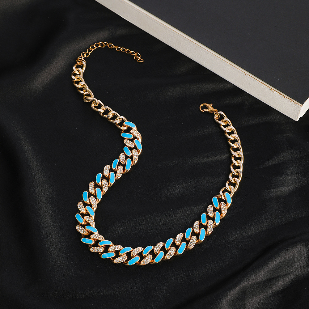 Hip-hop Two-color Rhinestone Thick Chain Necklace Fashion Trendy Oil Drop Cuban Chain display picture 9