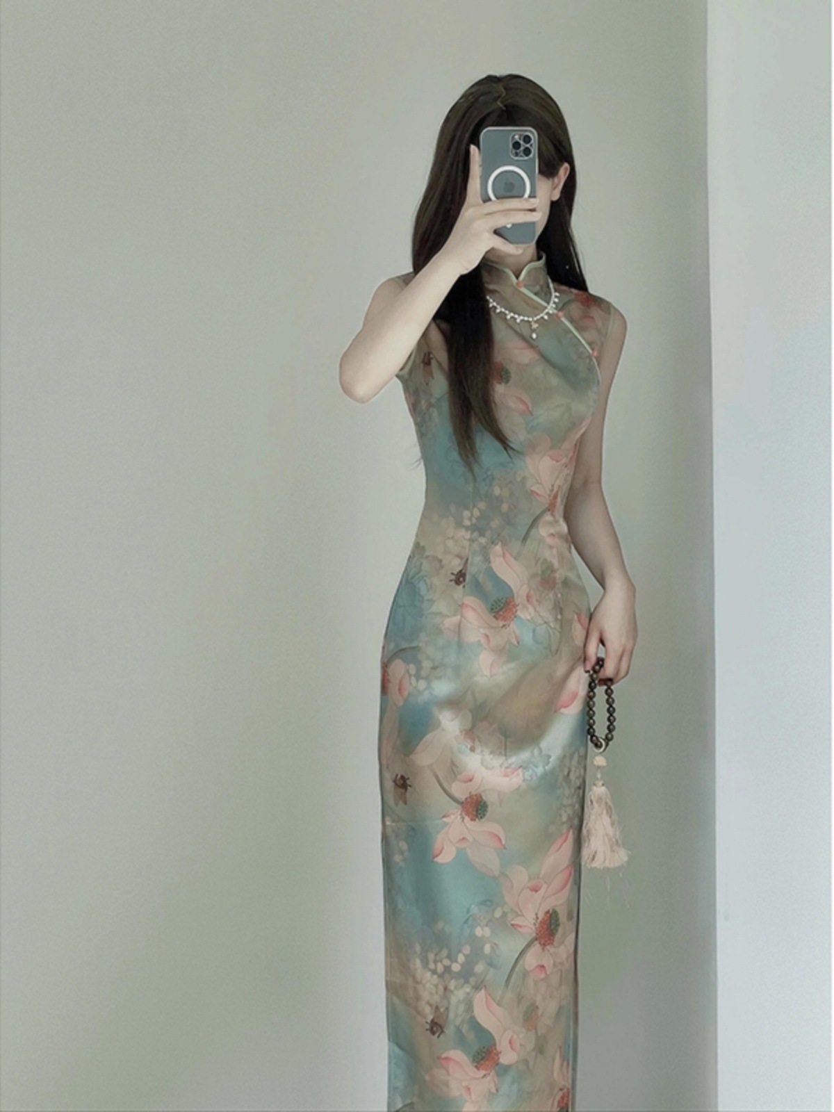 Đầm maxi nữ thắt eo kiểu Pháp thanh lịch, sườn xám mới mùa hè — Màu hoa chi tiết 6