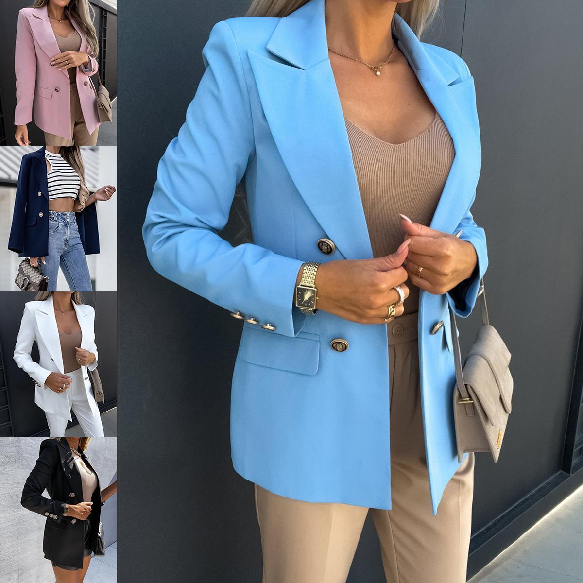 2022新品秋季跨境女装上衣亚马逊西服爆款修身双排扣时尚西装外套