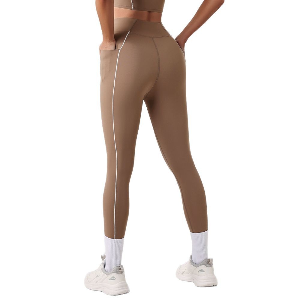 2025 nuevo cross-border cintura alta caderas abdominal sensación de desnudez bolsillo pantalones deportivos de fitness para correr