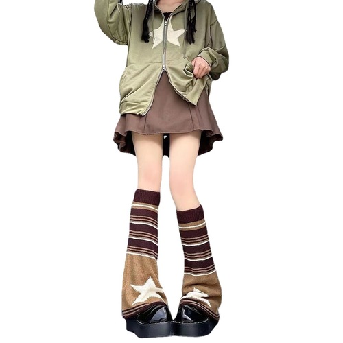Autumn and Winter British Retro Style Socks with Brown Stripes, Stars, Bellows Leggings, Double-Sided Wearable, Hot Girl's Pile Socks