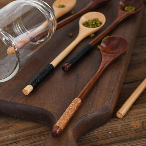 Japanese nanmu long handle spoon 20cm creative wire wrapped round handle honey spoon stirring spoon children's soup spoon small wooden spoon