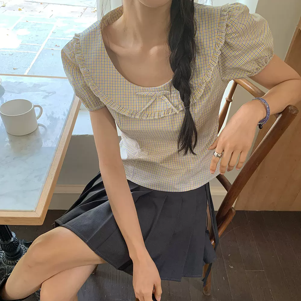 实拍 韩系少女复古格纹大圆领木耳边短款上衣衬衫女装2025年新款