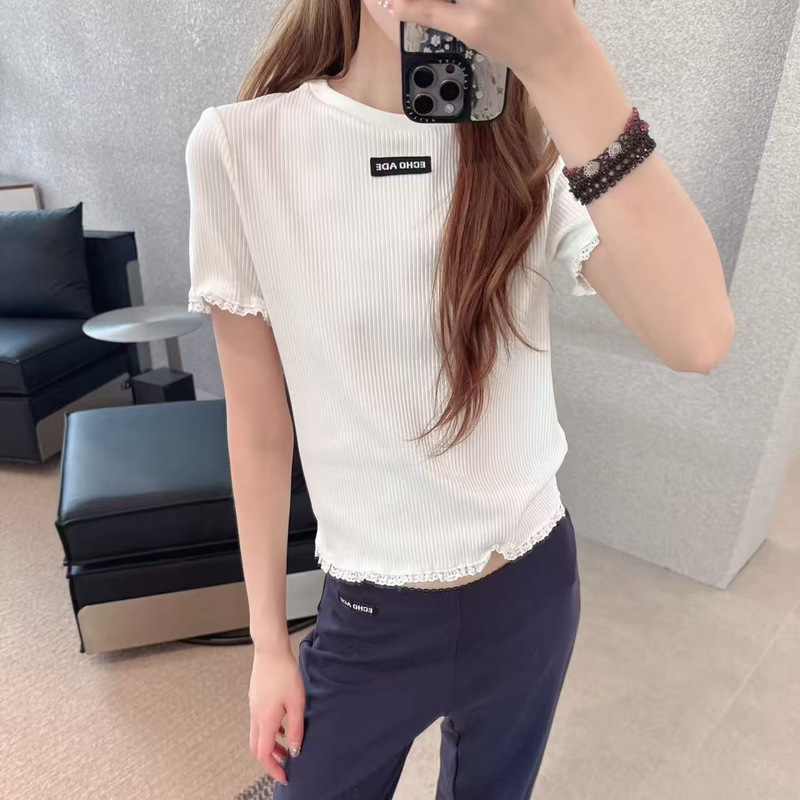 In-Stock Echo Designer Brand 26Ss New Summer High-Elastic Ribbed Lace Trim Short-Sleeve T-Shirt