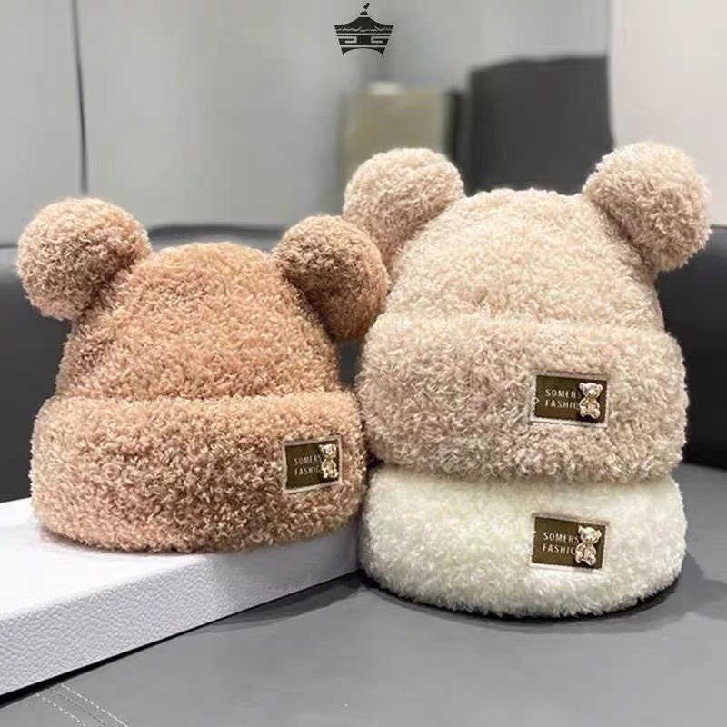 Petit bonnet ours pour femme, couleur kaki, à pompon, chaud pour l'hiver, épais, protection des oreilles, joli bonnet tricoté pour les étudiantes_voghion.com