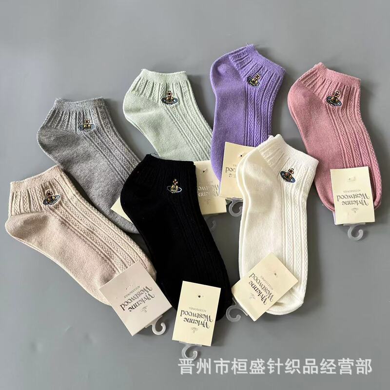 Exported to Japan, Empress of the West Pure Color Saturn Logo Embroidered Double-Needle Pit Short Socks, Summer Fashion Trend Boat Socks