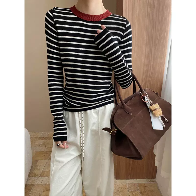 司南 秋日调色盘 设计感撞色正肩流线修身显瘦打底针织衫 SN7892