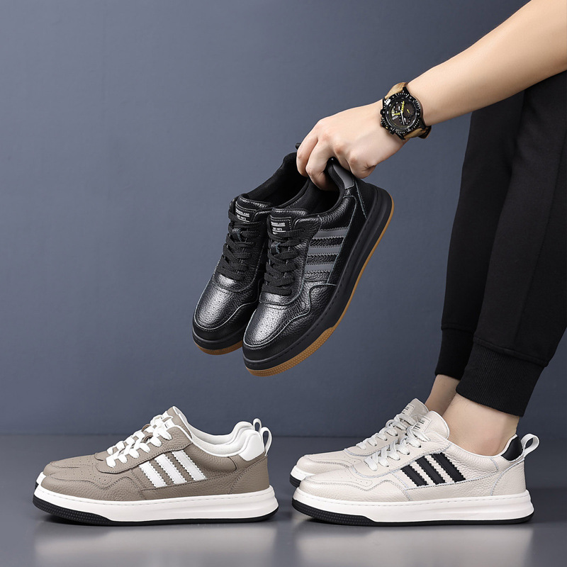 Zapatos casuales de cuero de vaca para hombres, zapatos de skate transpirables, zapatos de moda, zapatos blancos de cuero para hombres.