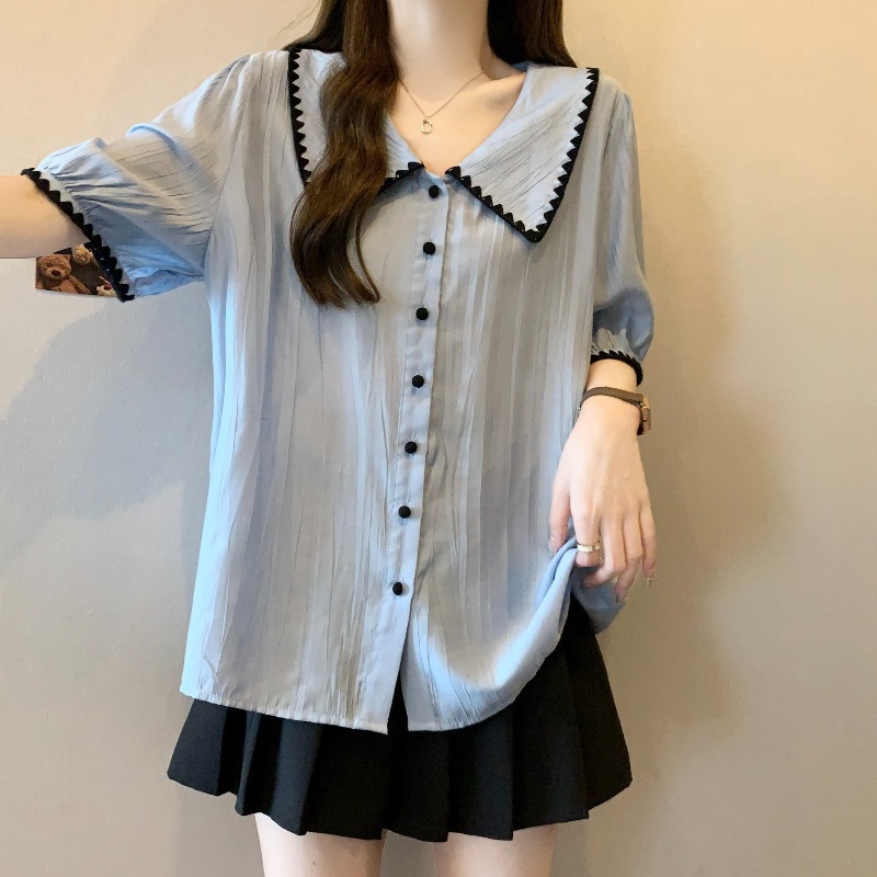 夏用女性用ブルー右肩シャツ、大きいサイズ、太ったmm、お腹カバー、痩身、肉隠し、フレンチドールカラー半袖シフォントップス|undefined