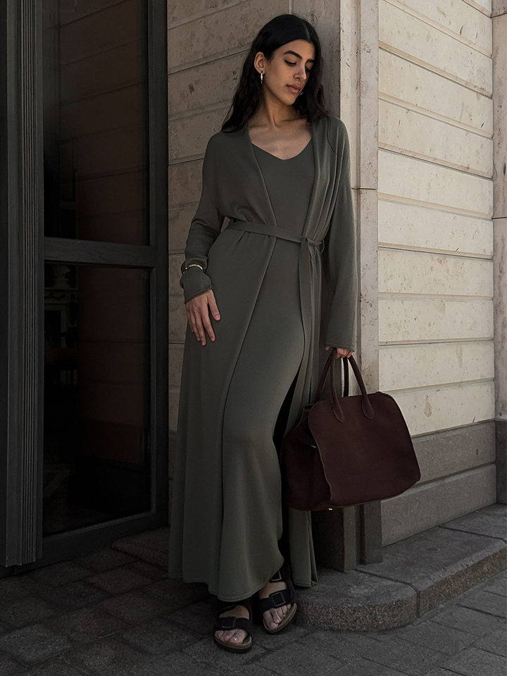 Bộ đầm dài kèm áo cardigan dệt kim dài tay nữ — Màu cà phê đậm, Màu hồng, Màu trắng, Màu xám chi tiết 68