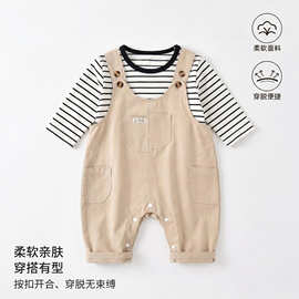 婴儿条纹长袖背带裤套装儿童爬服潮流宝宝衣服外穿分体衣秋夏装