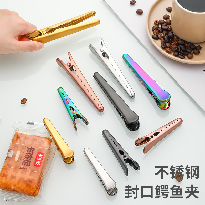 Fabricante de origen pinza de cocodrilo de acero inoxidable pinza de sellado pinza multifuncional a prueba de humedad para bocadillos frescos pinza de bolsa de leche en polvo pinza de sellado