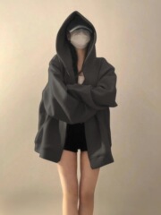 美式复古街头连帽卫衣女秋oversize薄款外套chic慵懒开衫上衣