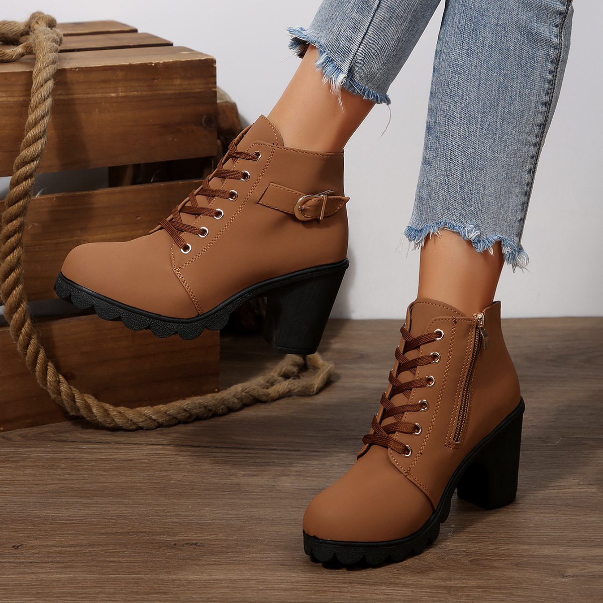 ShoeVault Women's Leather Low-Cut Chunky Round Toe High Heel Lace-Up Brown Ankle Boots Spring Autumn Plus Size Height Increasing_vogvips.com