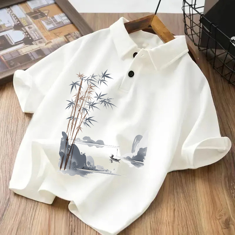 Boys' Summer Chinese Style Polo Shirt, Children's Chinese Style Ink Bamboo Short-Sleeve T-Shirt, Middle and Large Children's Collared Casual Top Trendy