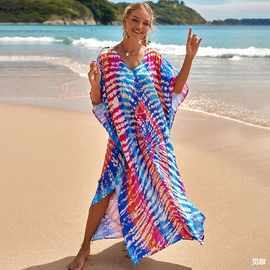 欧美新款人棉印花沙滩裙宽松长袍海边度假比基尼泳衣罩衫防晒衫女