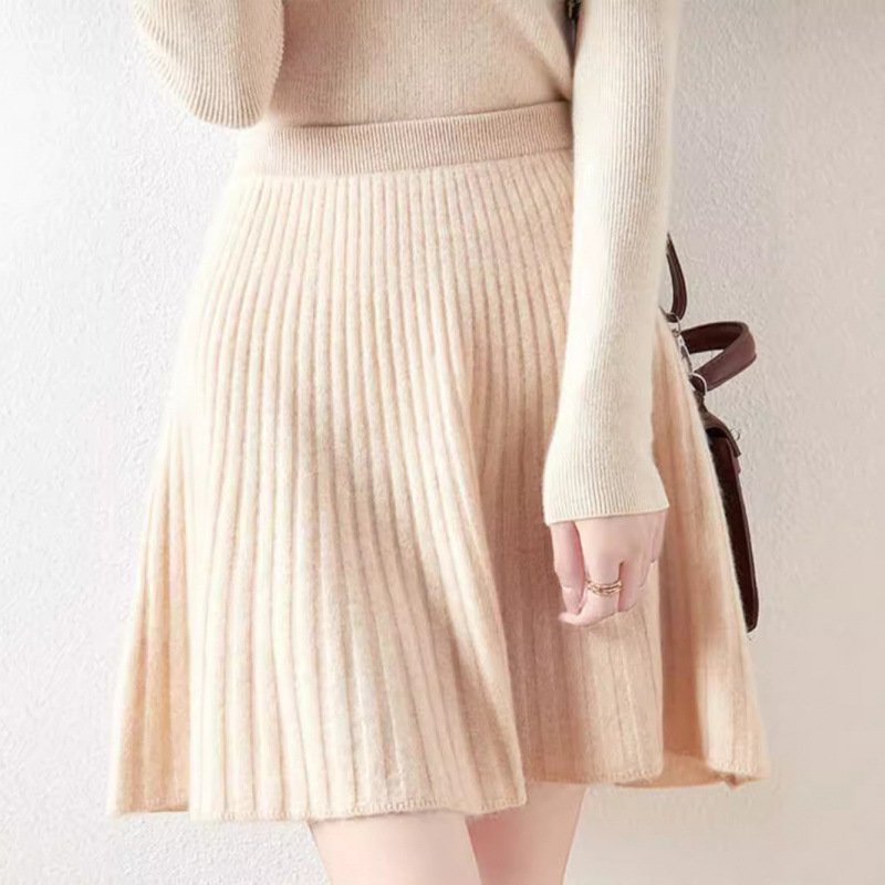 All-match Pure Wool Short Skirt Women's Knit Skirt Short A- line Skirt Autumn and Winter Covering Cashmere Pleated Skirt