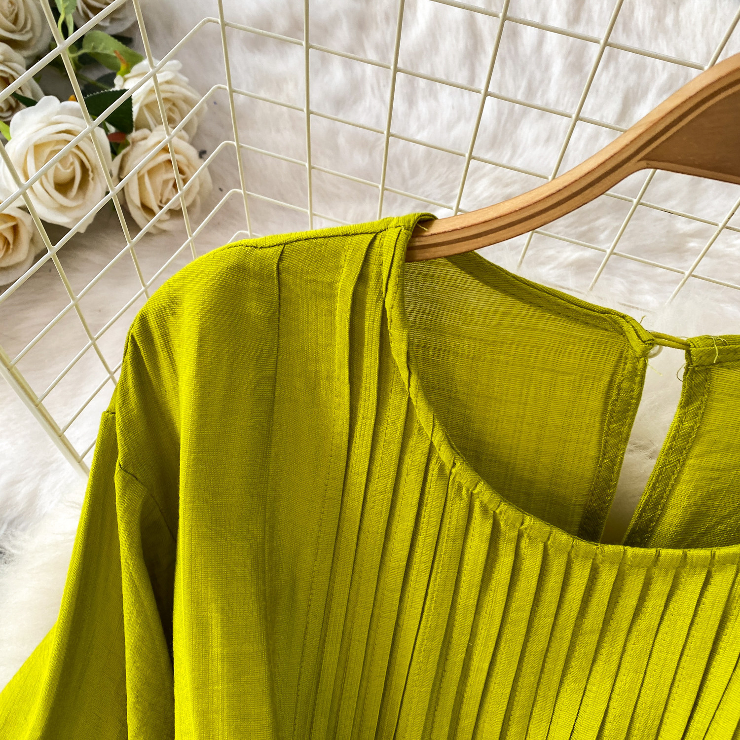 Elegant Pleated Round Neck Dress For Women Commuter Style Three Quarter Sleeve Slimming A-Line Long Skirt Casual Summer_ecoleips.com