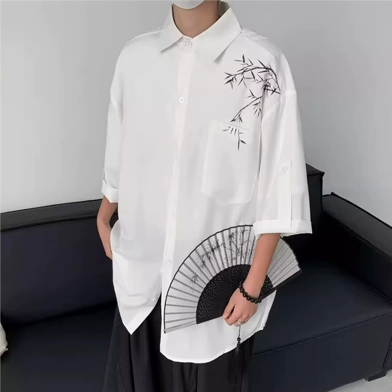 Рубашка из ледяного шелка, мужская летняя модная рубашка с короткими рукавами из бамбука, новый китайский стиль, рукав три четверти, топ в китайском стиле, свободный повседневный рукав три четверти