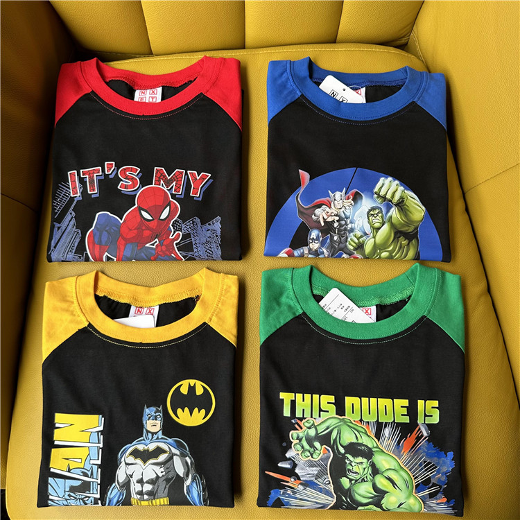 2024 Autumn New Children's Clothing - Cartoon Hero Series Color Block Long-Sleeved Base Layer Casual Shirt with Printed Back