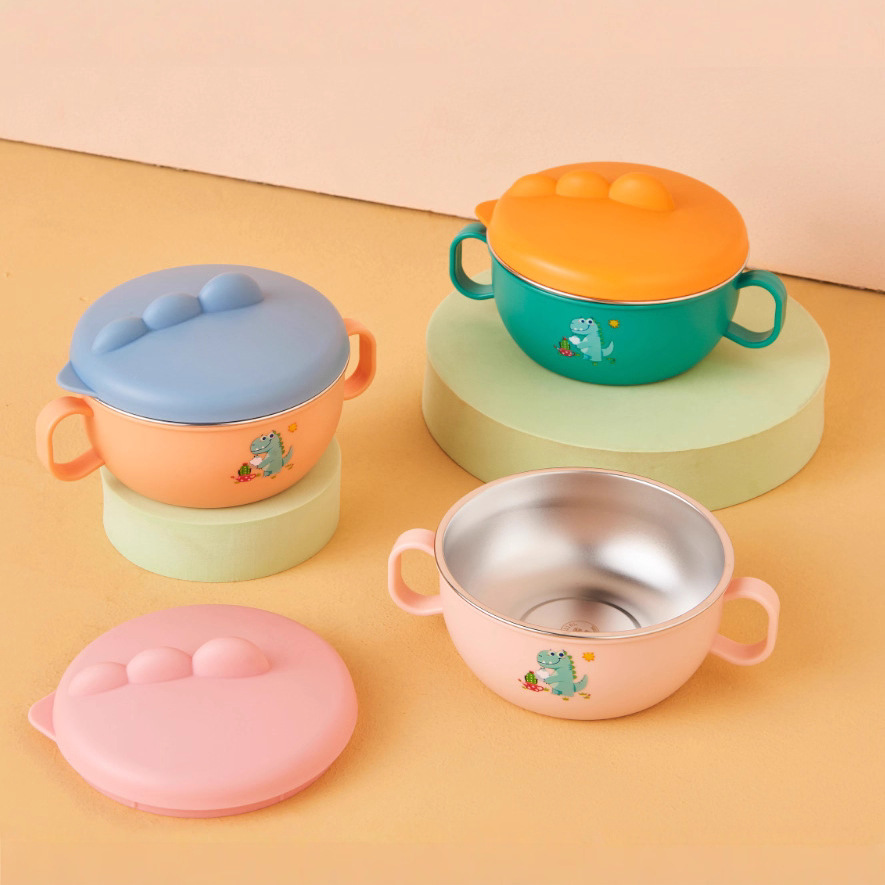 Winter Water-Filled Insulated Eating Bowl Small Dinosaur Baby Food Bowl 316 Stainless Steel Kidsren's Bowl with Spoon Tableware