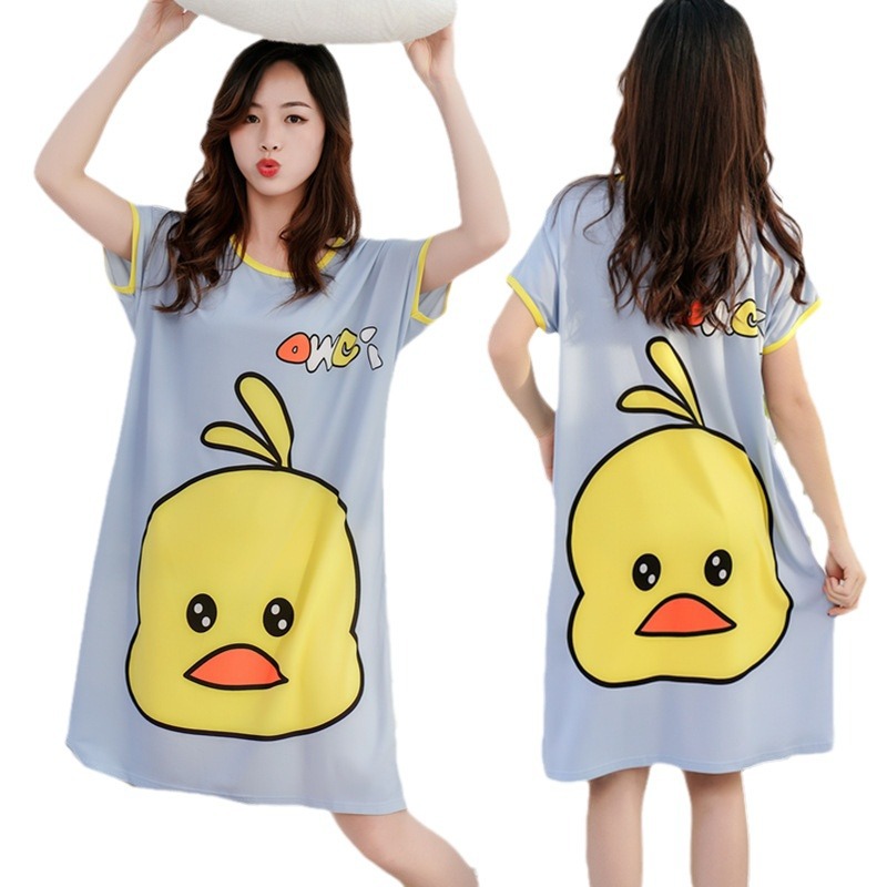 Camisón de las mujeres del verano Delgado manga corta nueva línea rojo estilo pijamas dibujos animados lindo señoras vestido flojo desgaste hogar