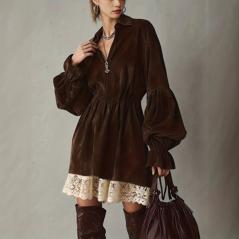 Cross-Border 2025 European and American New Fashion Elegant Loose Lantern Sleeve V-Neck Lace Patchwork Waist-Cinching Dress Cross-Border 2025 European and American New Fashion Elegant Loose Lantern Sleeve V-Neck Lace Patchwork Waist-Cinching Dress