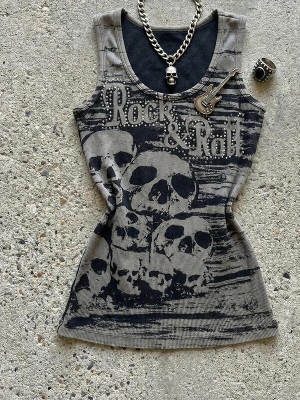 Japanese-Style Shibuya Punk Y2K Gray Letter Skull Print Crew Neck Tank Top Vintage