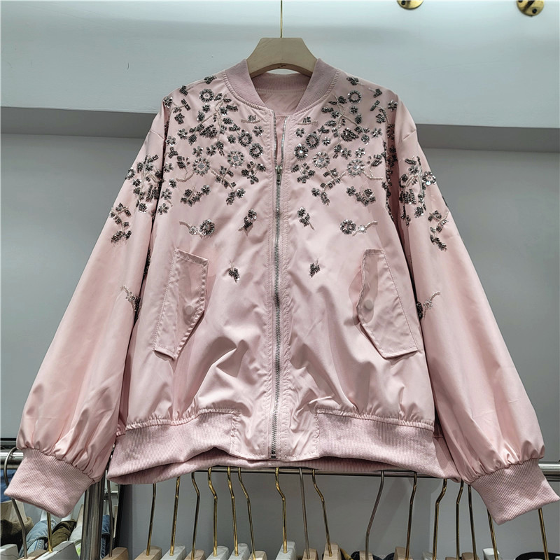 2026 primavera nueva dulce de moda chica cuentas plateadas bordadas flores sueltas chaqueta de abrigo corto