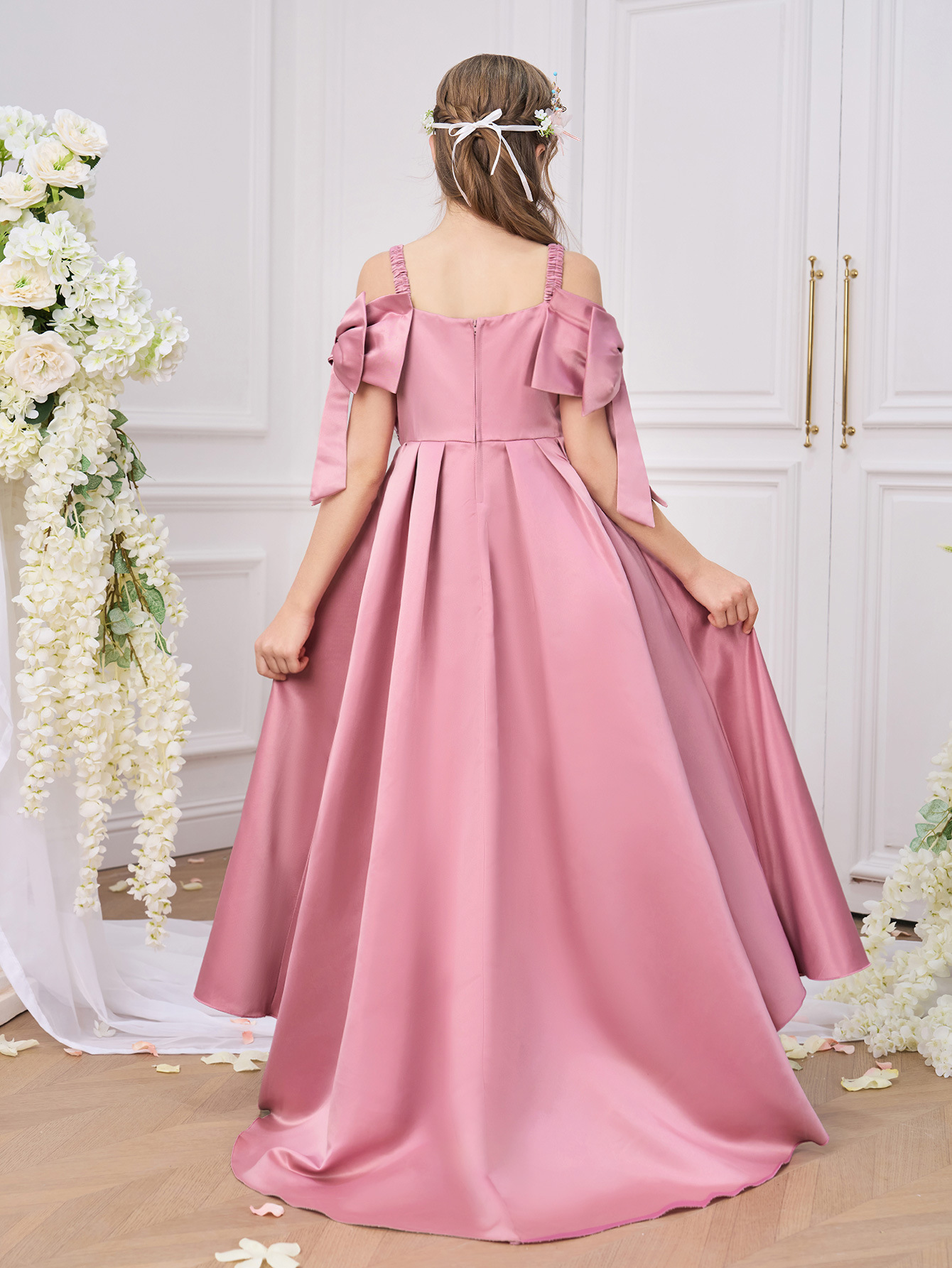2025 nuevo estilo transfronterizo niña raso lazo tirantes vestido de princesa largo vestido de noche con lentejuelas sin tirantes