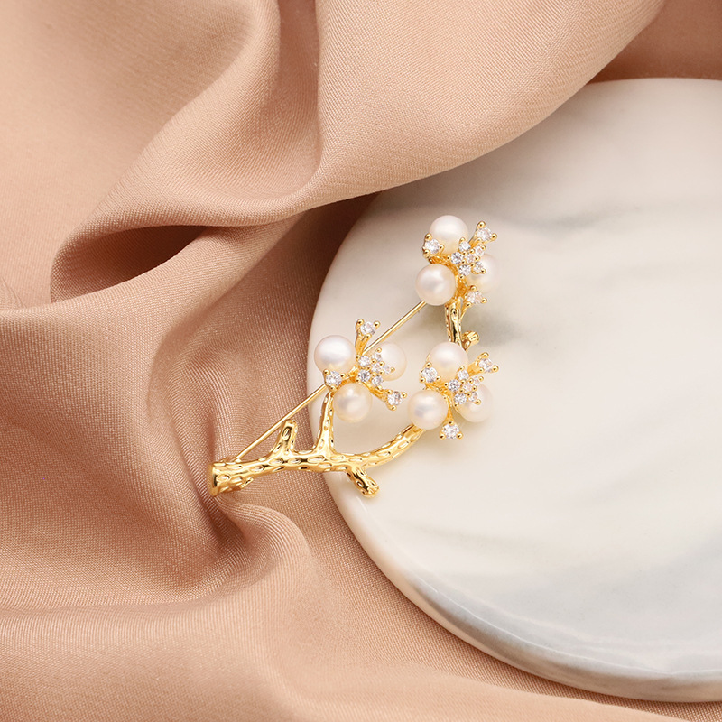 Natural de agua dulce perla broche Flor del ciruelo ramillete de alta calidad 18K chapado en oro real color de la joyería de retención al por mayor Zhuji Perla image 3