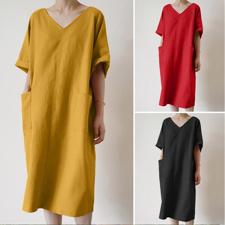 2022 Summer Vintage Dress Women's Cotton Casual Solid Color Long Sun Dress Women's Loose V-neck Nightgown